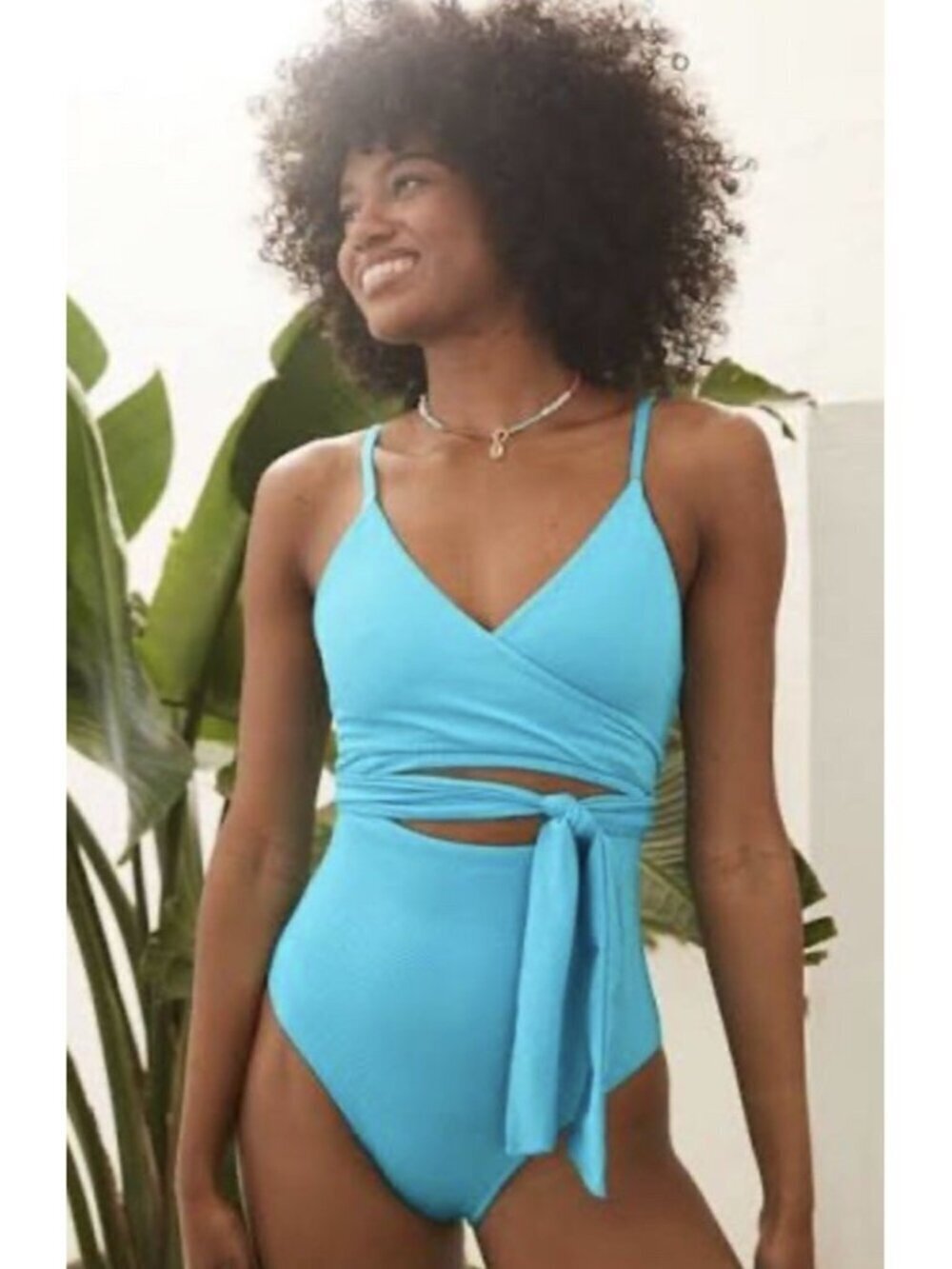 NWT Aerie Shine Pique Wrap One Piece Full Coverage Blue Tie Swimsuit Sz XS NEW
